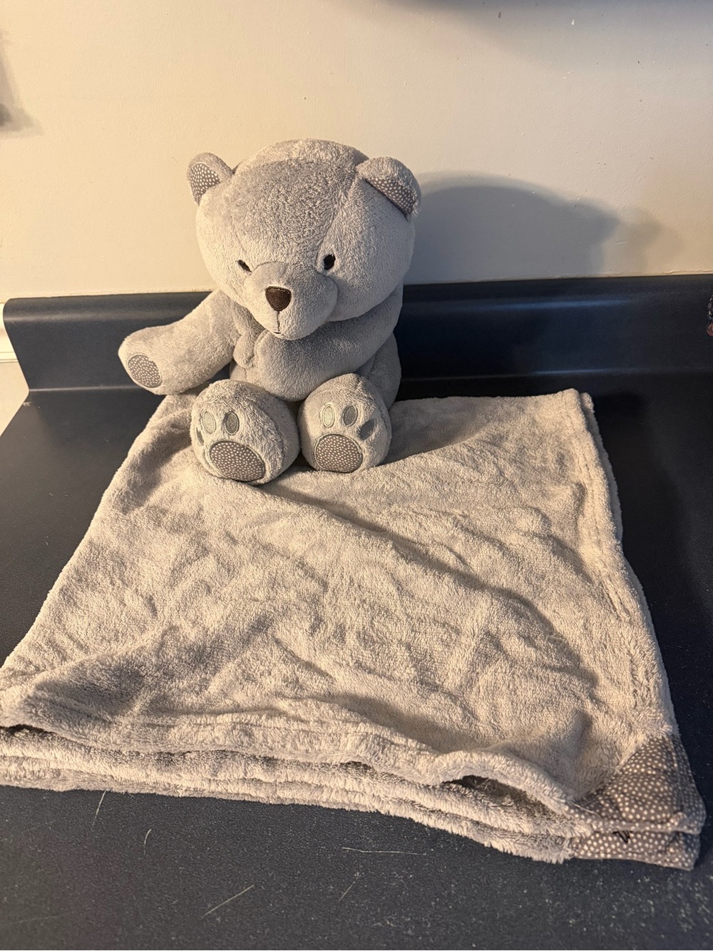 thirty one Teddy BEAR Security Blanket Plush Lovey Gray  38" x 36" Polka Dot